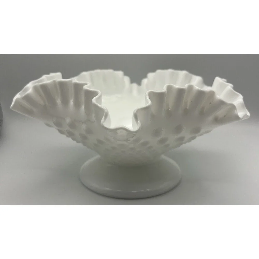 MCM 4x8’ Fenton Hobnail Ruffled Milk Glass Centerpiece Fruit Display Bowl